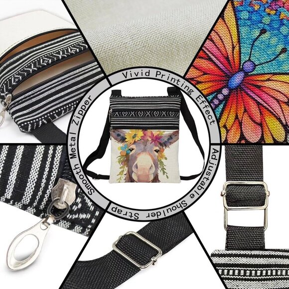 Floral Donkey Crossbody Bag Small Ethnic Pattern Adjustable Strap Purse - Picture 4 of 7